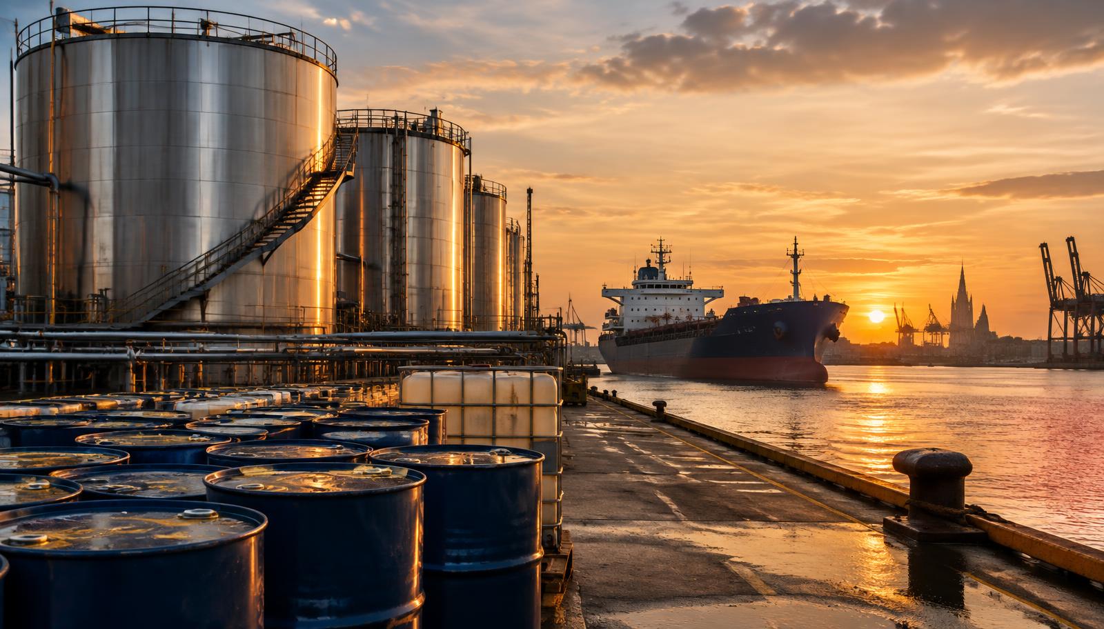 Biofuel storage tanks and used cooking oil drums at a European port terminal at sunset